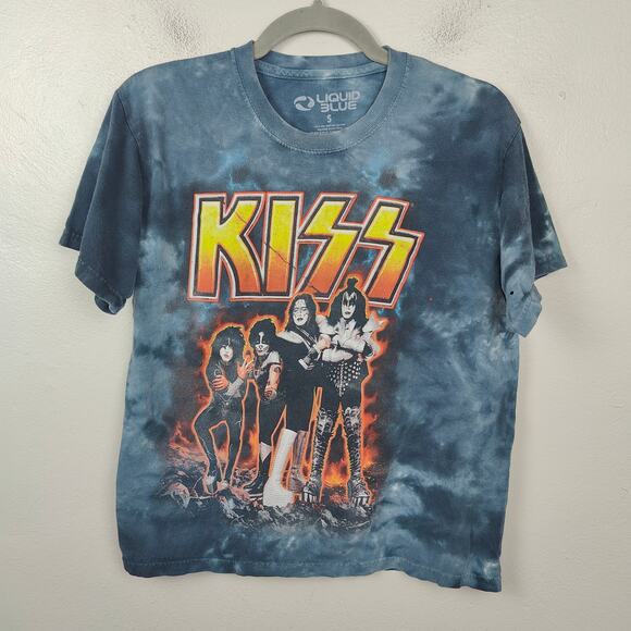 Liquid Blue Kiss Band Graphic T-Shirt Size Small Blue Tie Dye 80s Band Tee Rock - Picture 1 of 7